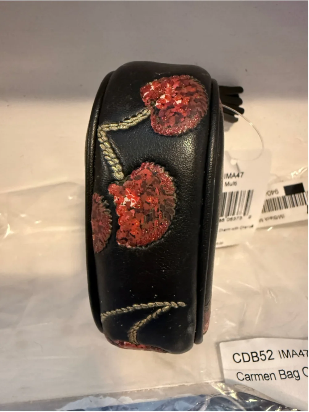 NEW Coach Carmen Mini Bag Charm with Sequin Black Cherry Print Black Multi NWT